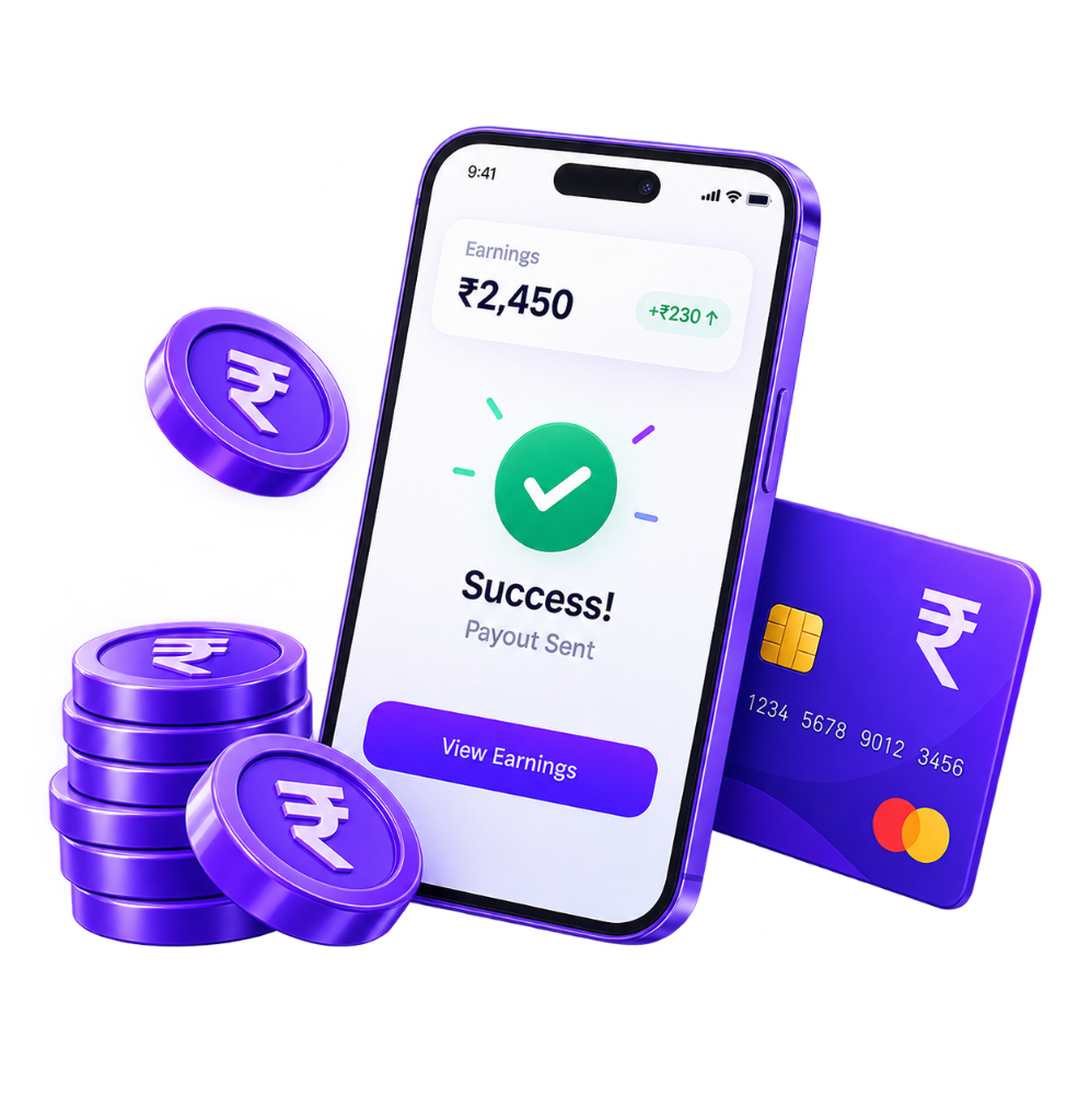 Fast Payouts — Phone with coins and card